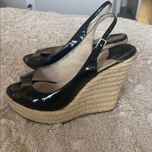 🖤 Jimmy Choo Patent Leather Slingback Espadrille Wedges – Black